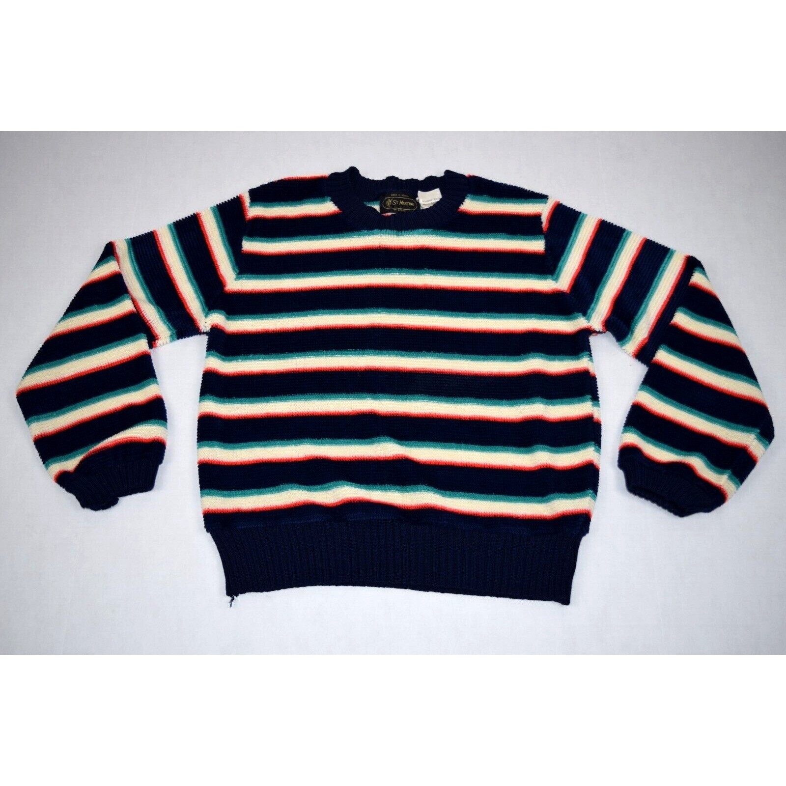 Vintage St Martin Sweater Size S/M 70s Ivory Red Green Striped Blue Knit