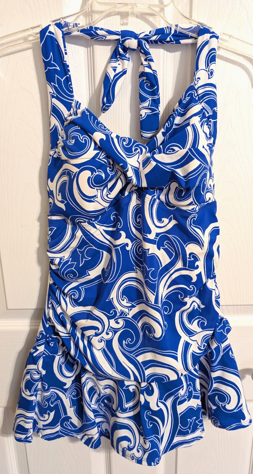 Vtg DEEP BLUE by OXYGEN Women’s sz 16 Blue/White Skirted One Piece Swimsuit NWT