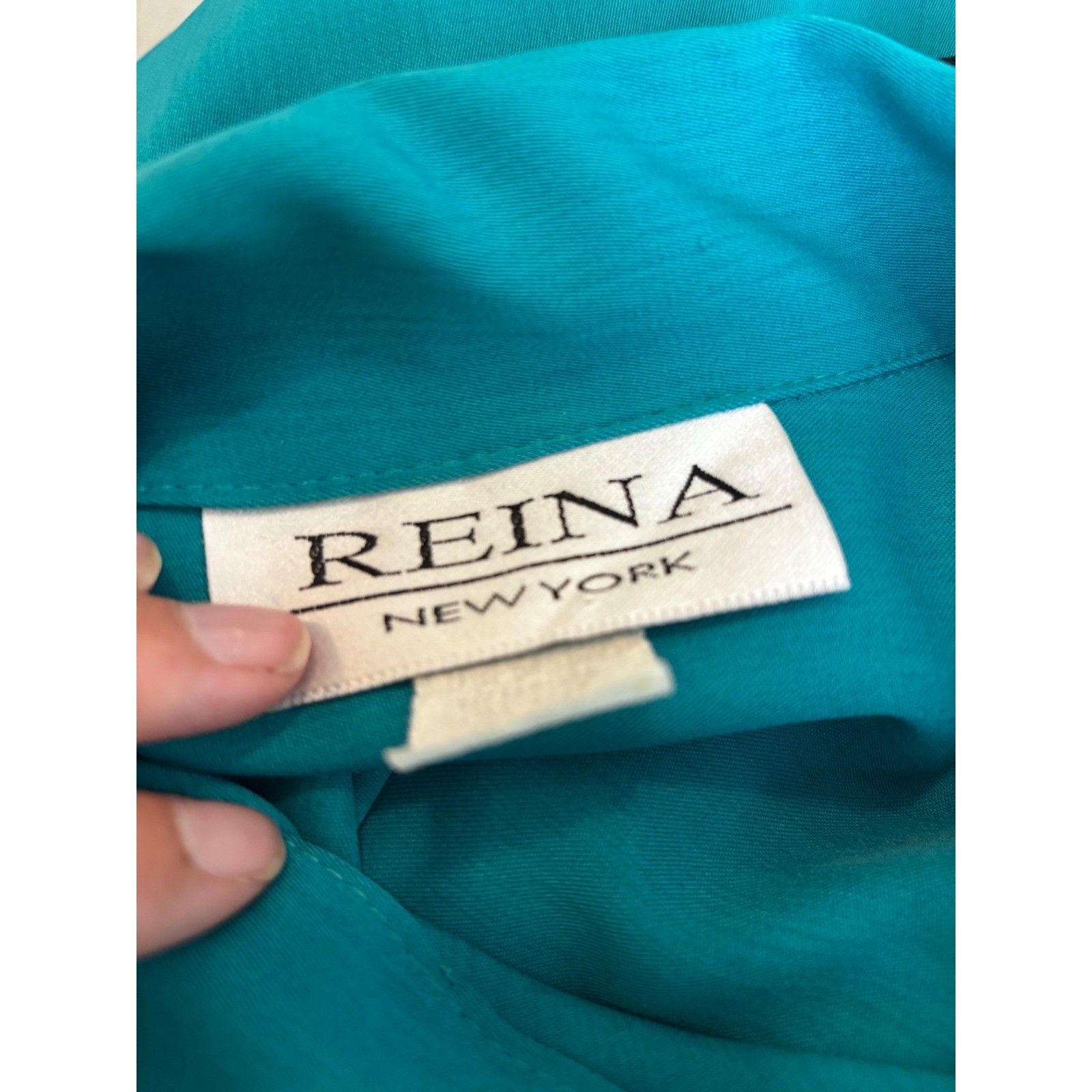 Vintage 90s Reina NY Colorblock Blouse L Teal Black Secretary Minimalist