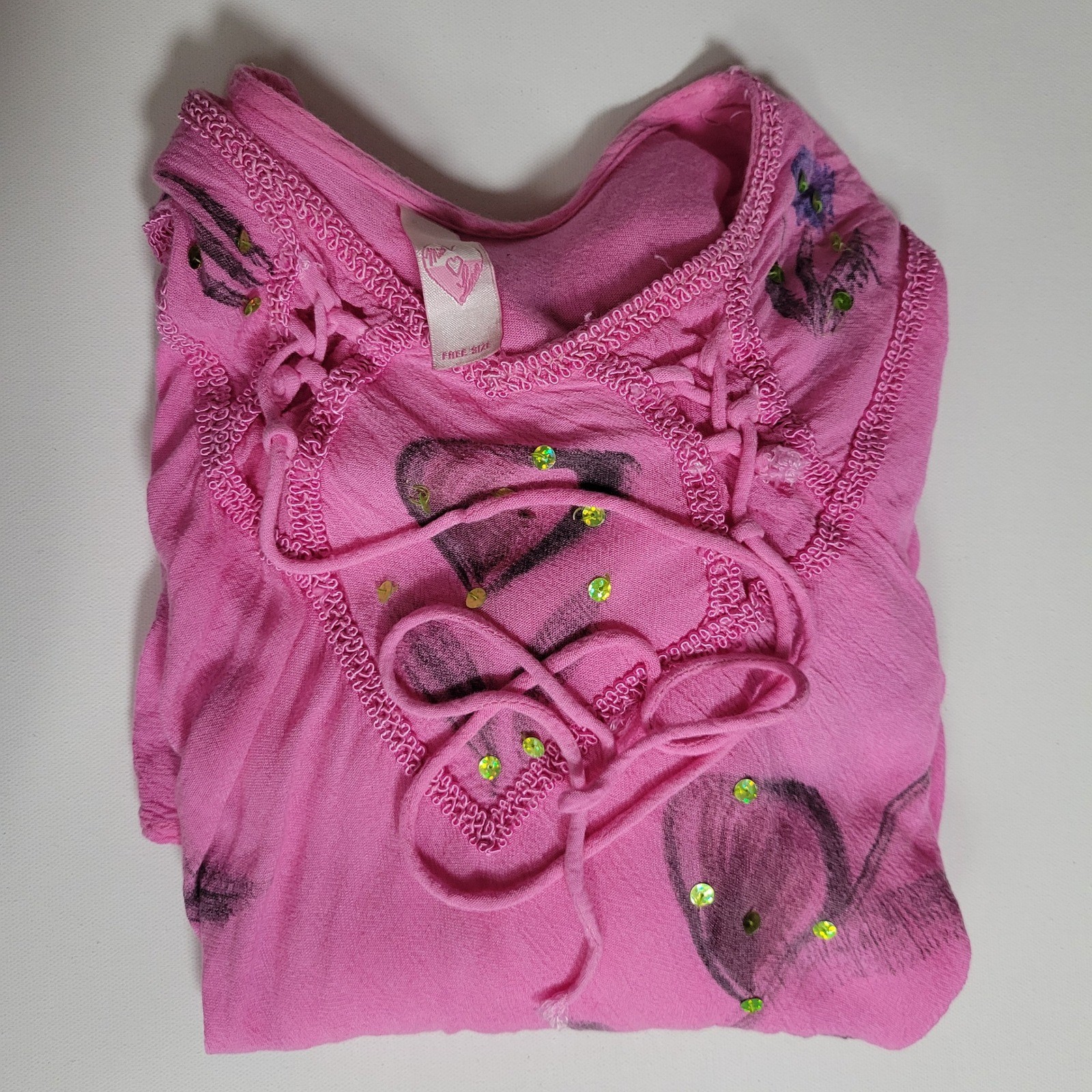 Miss Love Boho Floral Tunic Top Free Size Sequin Flowy Barbiecore Hippie Artsy