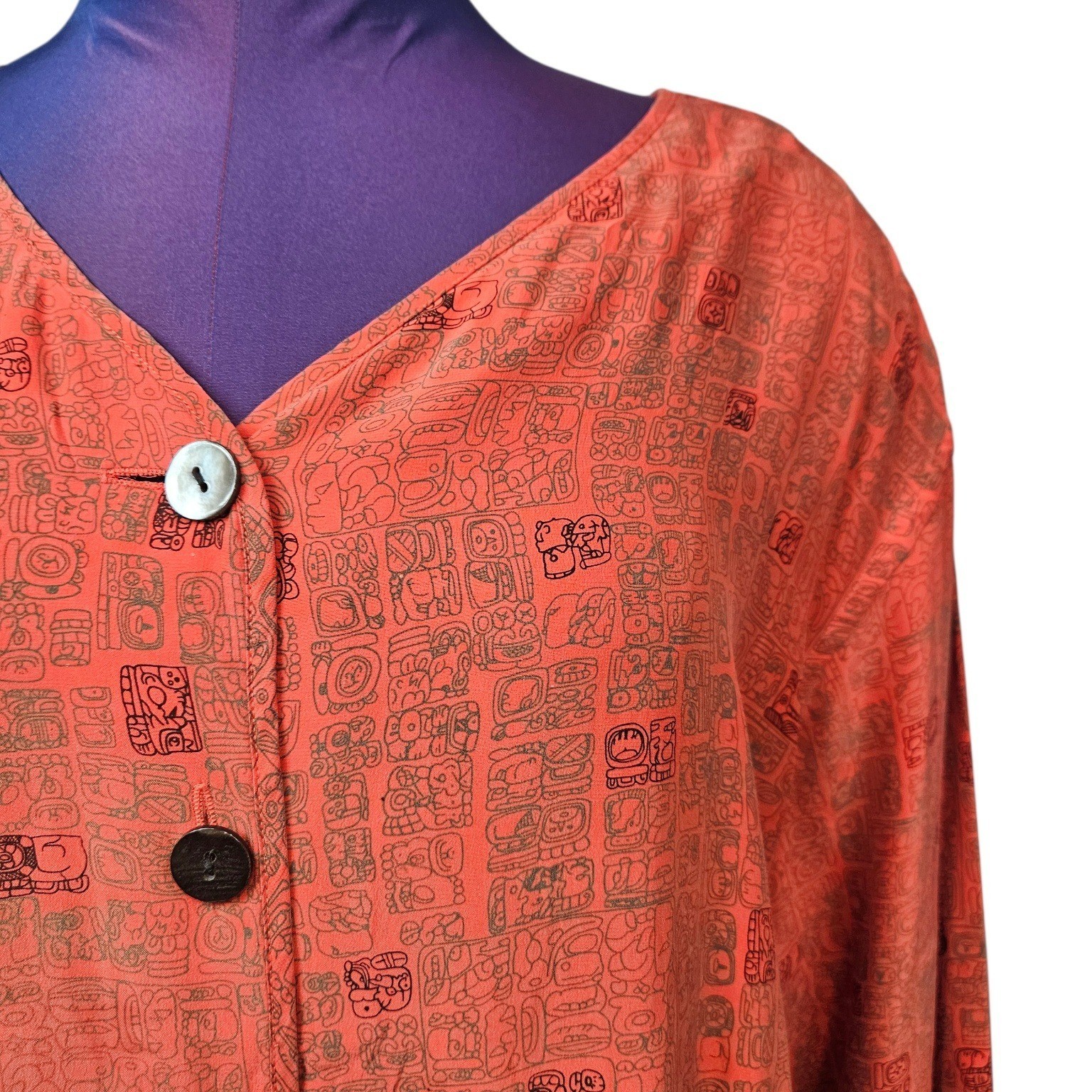 Vintage Silk Terracotta Mayan Glyph Print Tunic & Culottes 2 Piece Set Womens