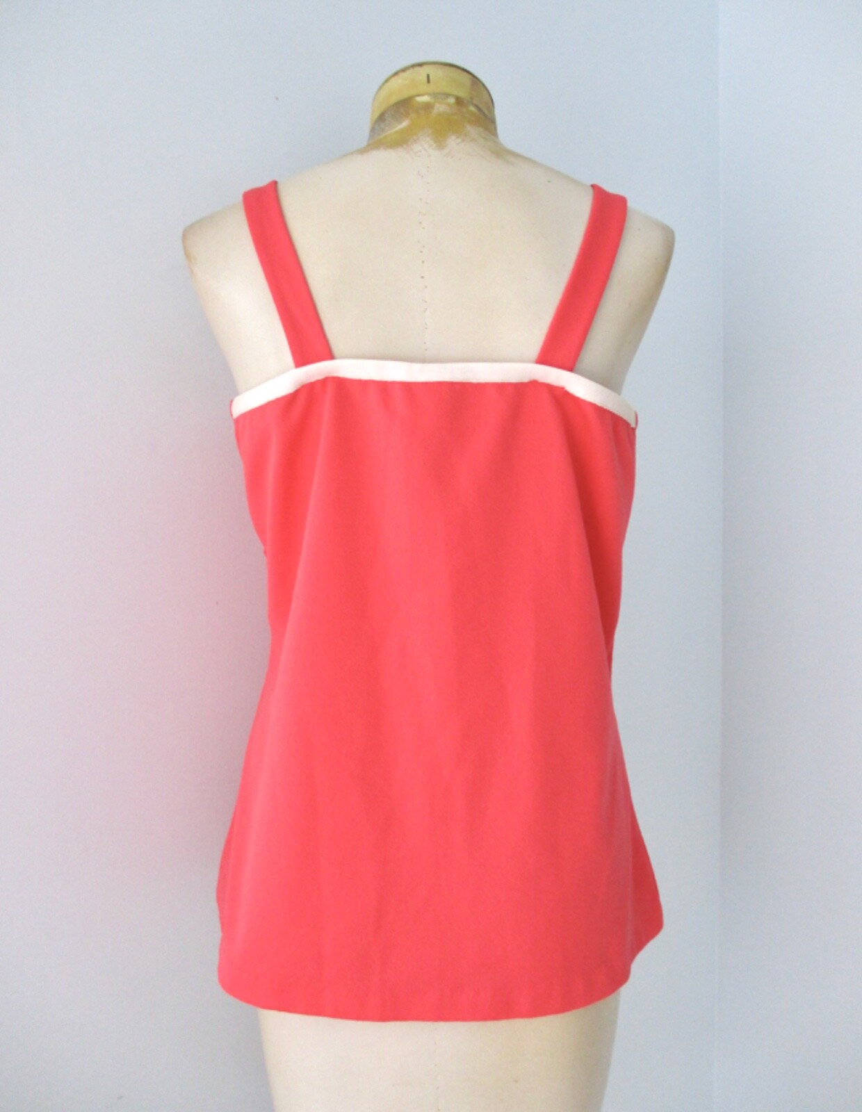Vtg 60s 70s Mod Aldens Coral Pink Textured Poly Knit Boxy Pullover Tank Top 16