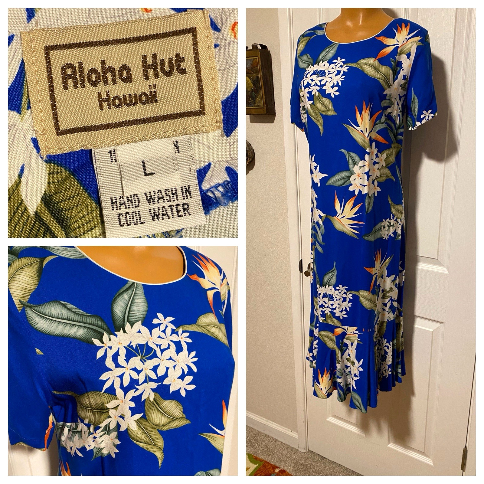 VTG 70s ALOHA HUT HAWAII BLUE BIRD OF PARADISE FLORAL PRINT RAYON DRESS SZ L