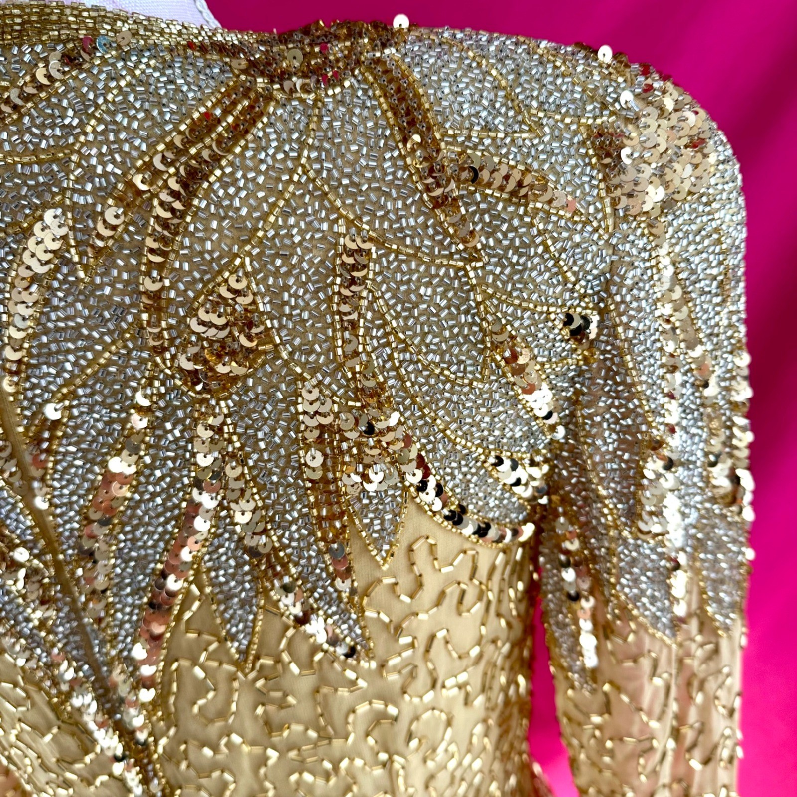 NWT Beaded Sequin Rhinestone Silk Gold Party Midi Dress Oleg Cassini Size 6 NYE