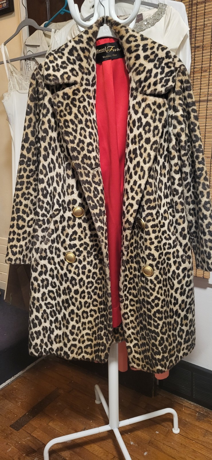 Vintage 1960’s Sword Furs Faux Leopard Red Satin Lined & Gold Buttons Coat S/M