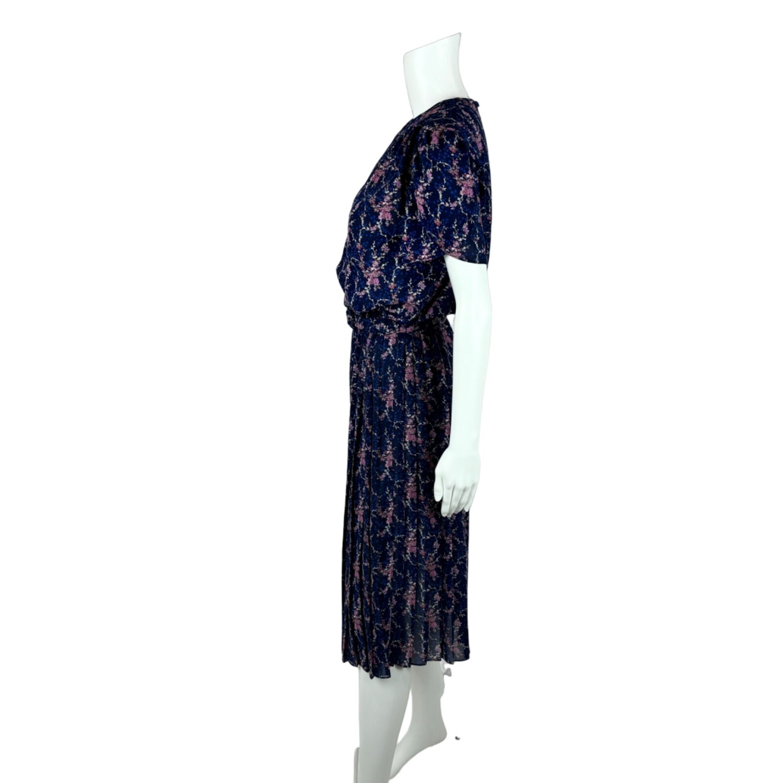 Vintage 80s Floral Dress Purple Blue Belted Short Sleeve Sheath Alexis Fashions