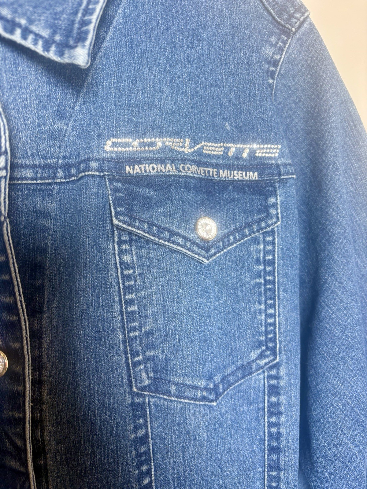 C8 Corvette Jeweled Denim Jacket embroidered jeweled logo on the back.