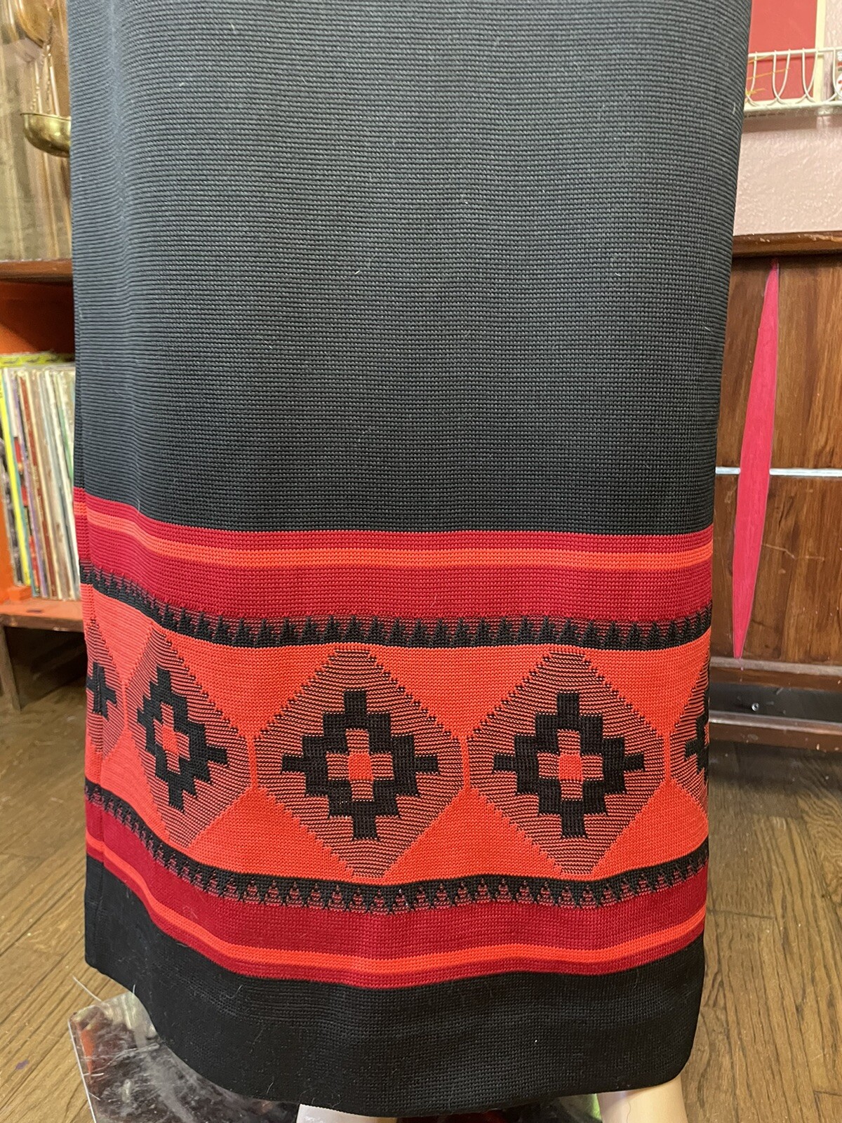 1960s Dalton Trevira Black Maxi Skirt With Red Geometric Design