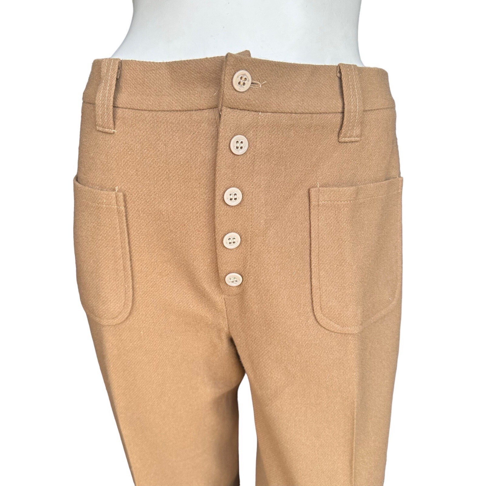 Vintage 60s 70s Ann Robin Bonded Wool Zipper Fly Tan Trousers Size 18 32″ Waist