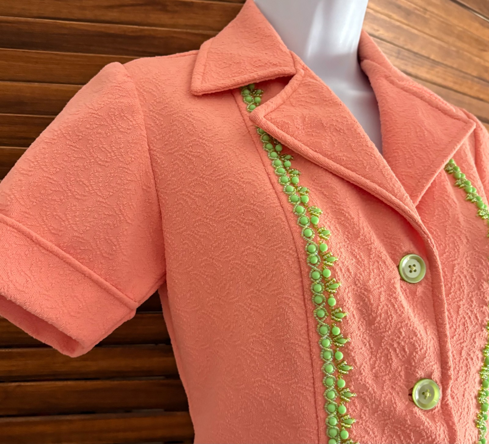 Vintage 70s Coral Beaded Jacket, Mrs Roper Style Polyester Knit Top S/M