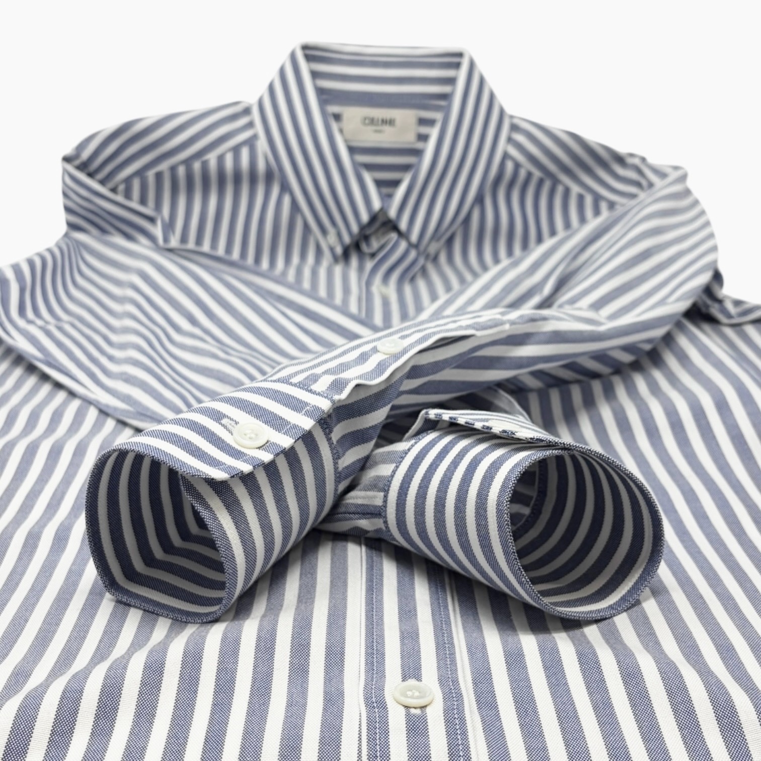 CELINE Triomphe Logo Stripe Button Up Shirt Long Sleeve #36 Blue White Cotton