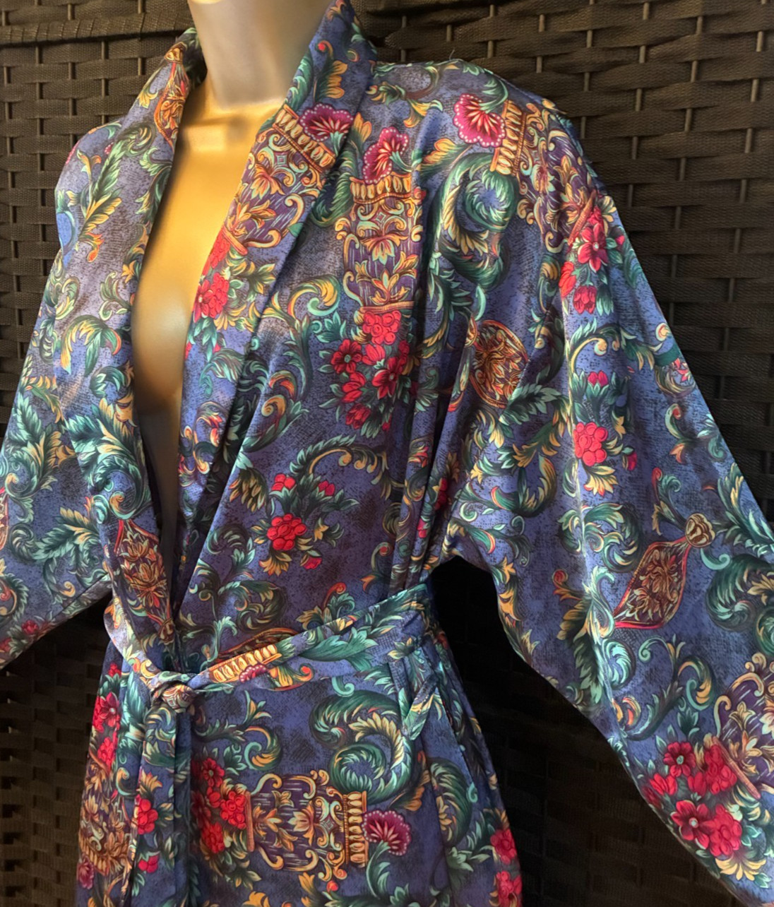 Vintage MARINE BLUE Long WRAP ROBE Medium VICTORIAN FLORAL Dressing Gown Kathryn