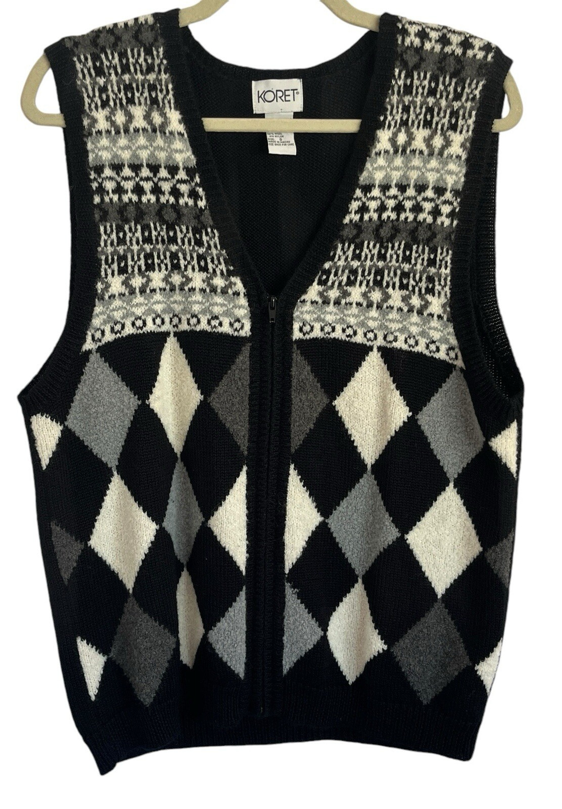 Vtg Koret Acrylic Wool Knit Sweater Vest S Argyle Diamond Black Grandma Yuppie