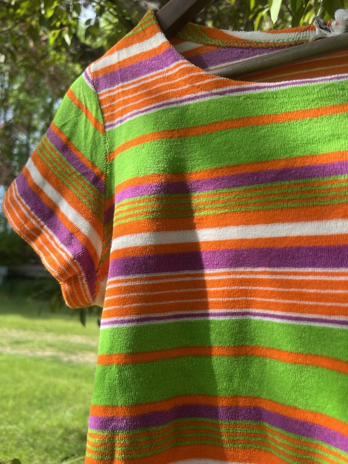 VTG 60s Crop Top Terry Velour Beach Wear Vibrant Stripes Mod Sports Wear S/M