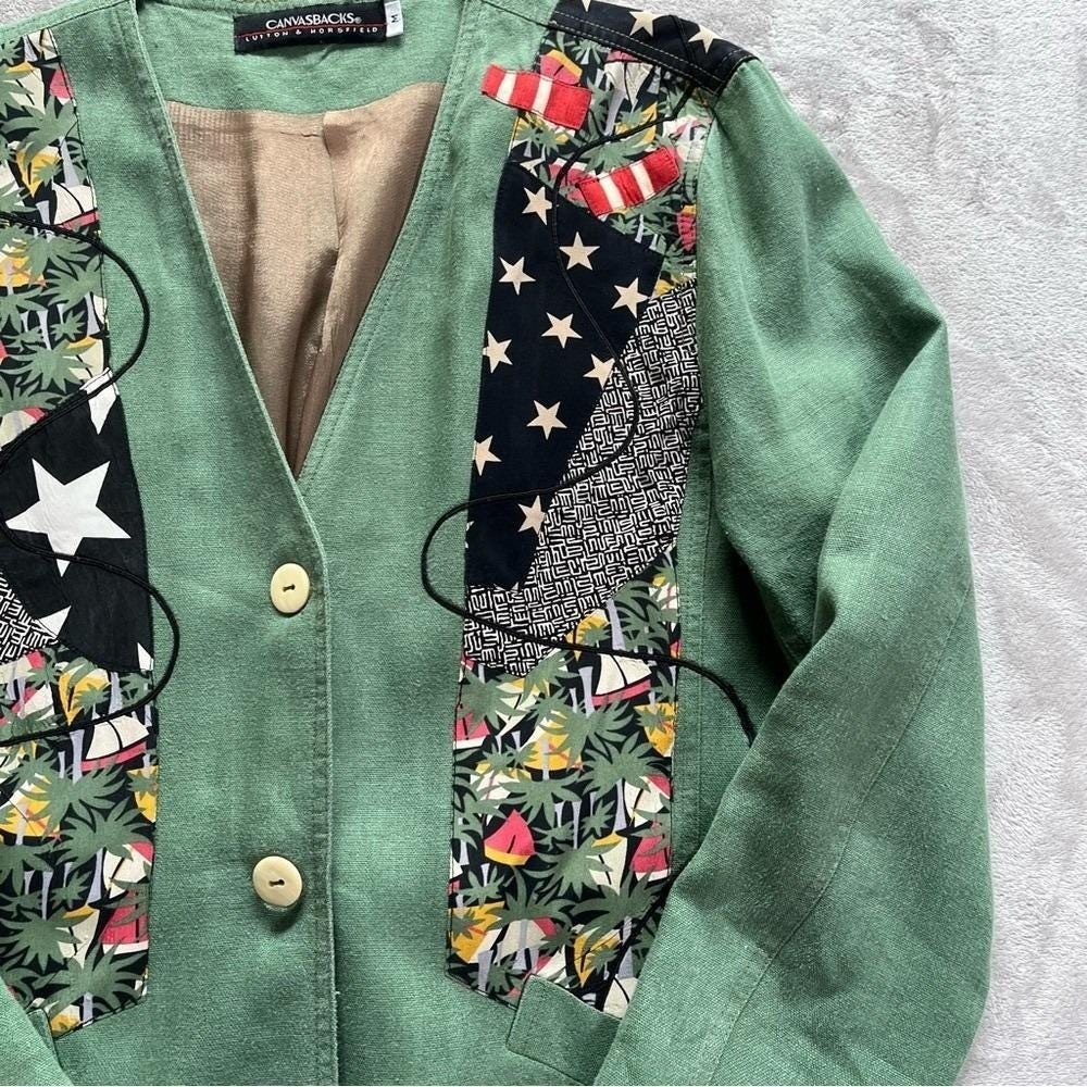 Vintage 90s Blazer Women M Green Patchwork Nautical Coastal Grandma Art Teacher