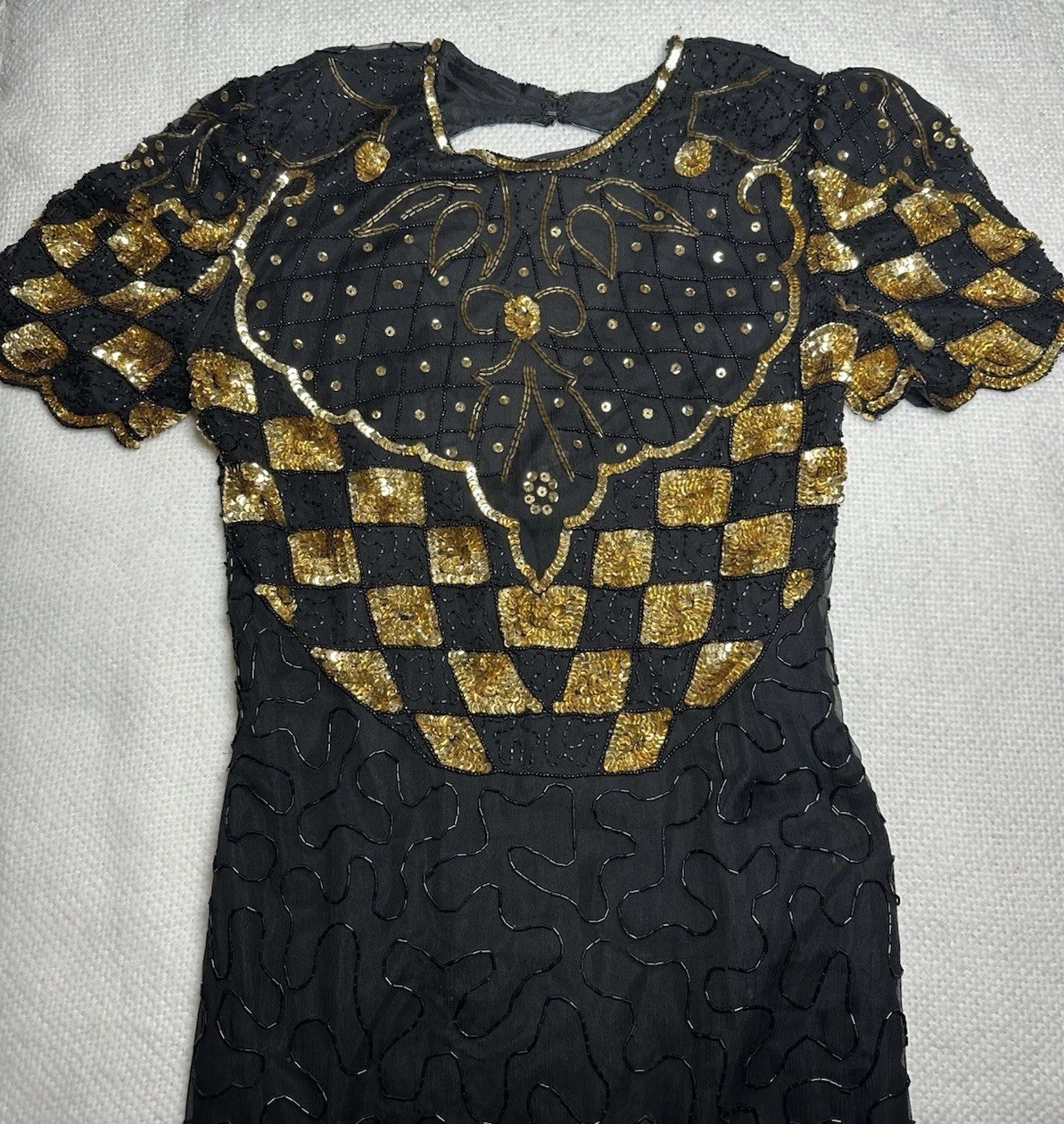 SWEELO Vintage Silk Beaded Black Gold Dress India Art Deco Sequin S 6-8
