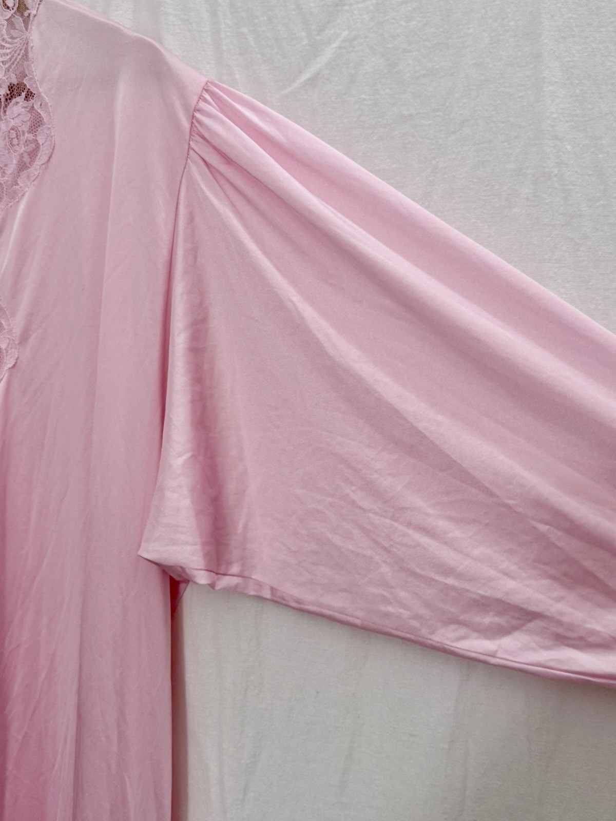 VTG 70s Lily of France Rose Pink Peignoir Robe Lace Dolman Sleeve L Lingerie EUC
