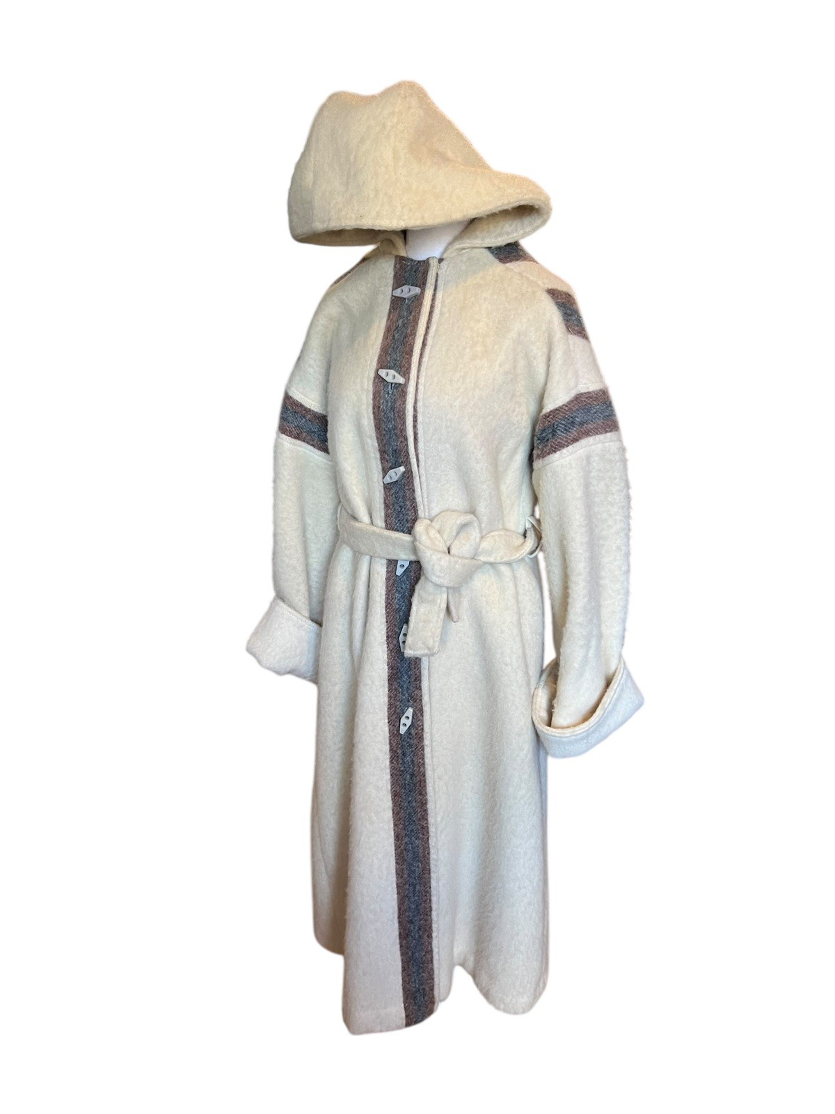 Vintage 1970s Variegated Gray Striped Wool Belted Hooded Coat Casa de Lana