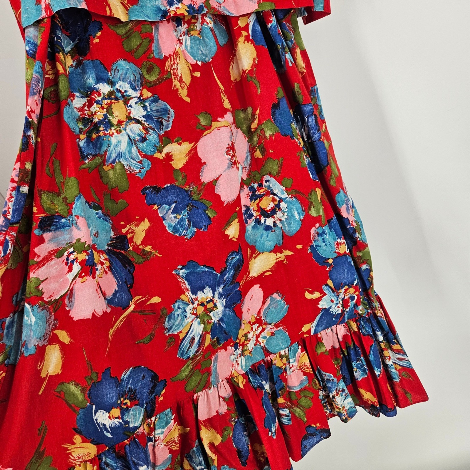 VTG 2 Piece Dress Set Red Floral Bolero Jacket Smocked Ruffle Hem Midi Retro S