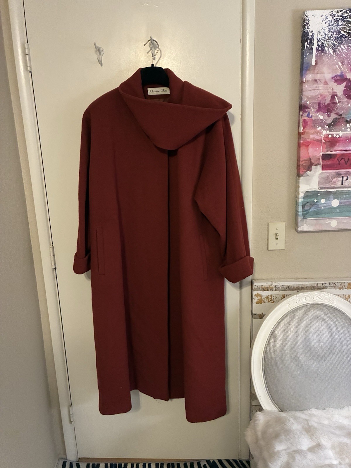 VTG. Couture Christian Dior Womens Deep Red Wool Maxi Coat/Scarf Collar SZ 14