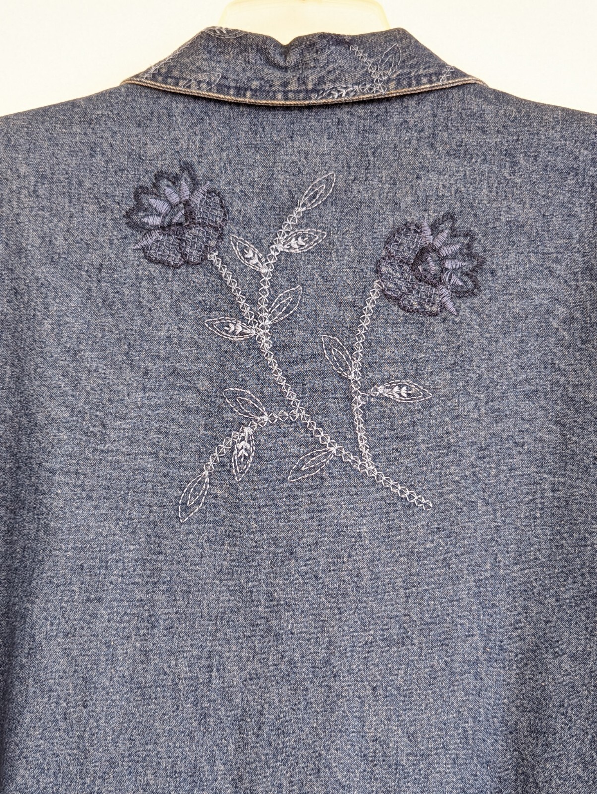 Vtg Sara Studio Denim Shirt Purple Buttons Floral Stitch Embroidered XL Womens