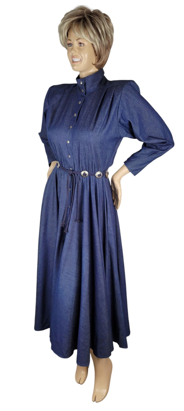 Vintage Choon California Denim Ranch Western Concho Belted Shirt Dress Duster 10