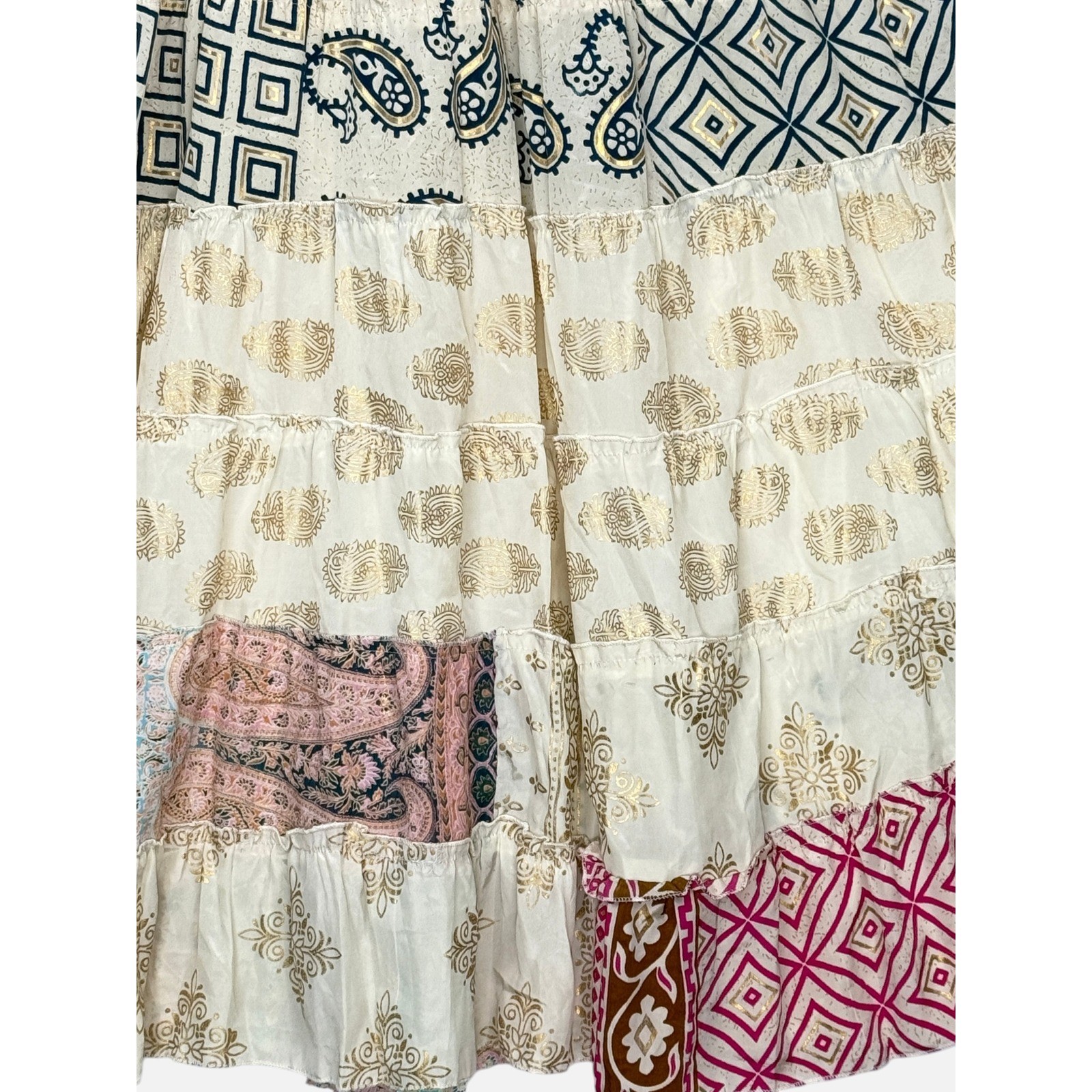 Handmade Boho Patchwork Maxi Skirt Small Cream Gold Paisley Tiered Festival