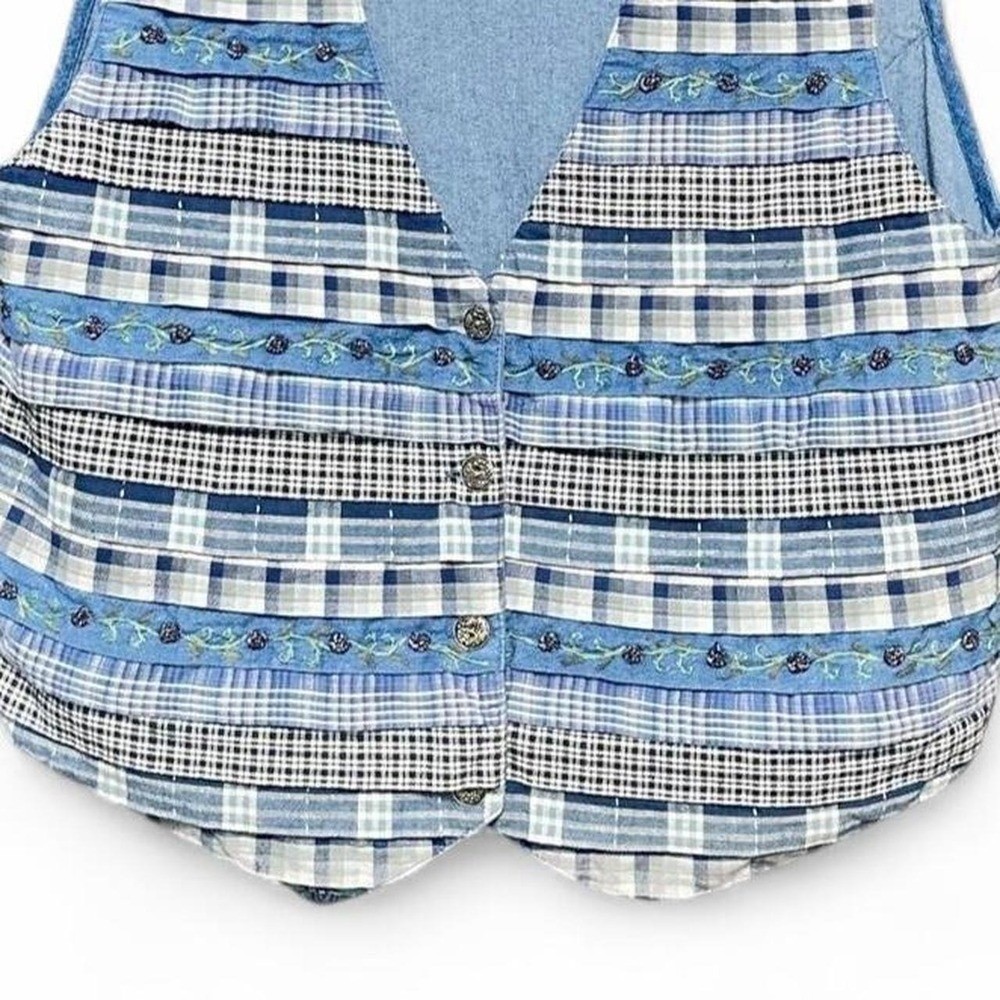 Vintage Up-Cycled Embroidered Chambray Union Bag Denim Vest Sz Medium