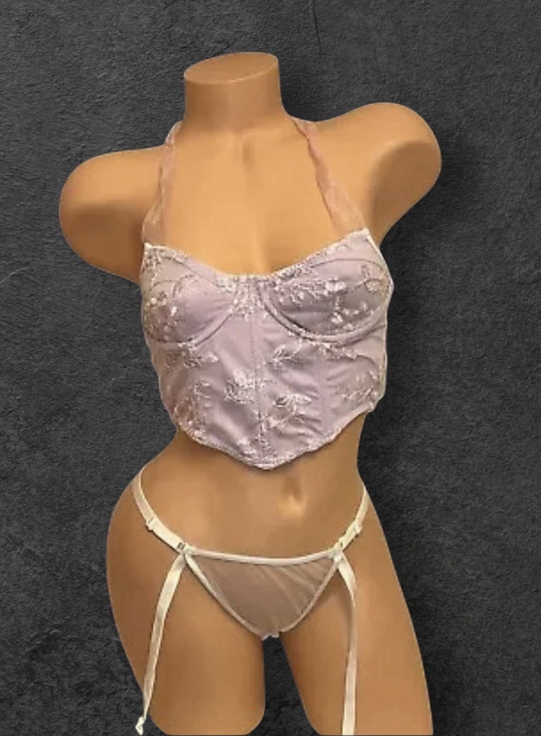 Lot of 2 Purple Lace Embroidery Brassiere & White Sheer Garter Panties 6/S NOS