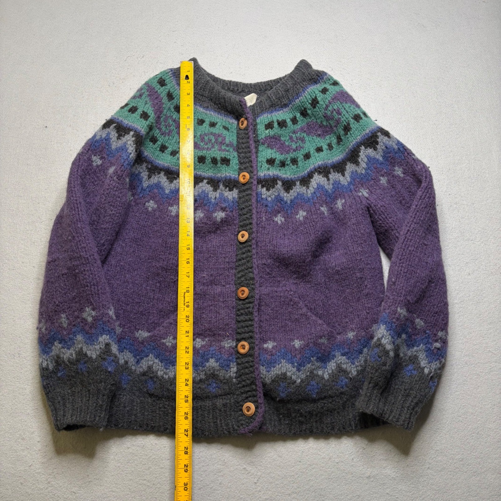 Bolivian Hand Knit Cardigan Women L Purple Teal Fair Isle Wool Vintage Sweater