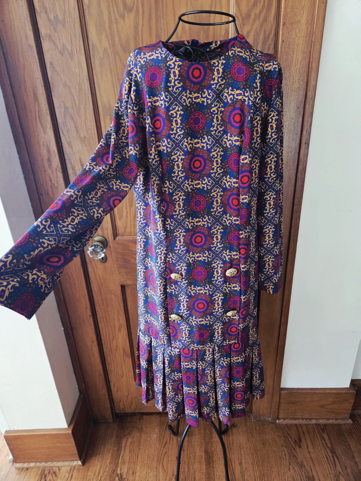 Leslie Fay Vintage 1980s Drop Waist Ruffle Geometric Polyester Satin Dress Sz 8