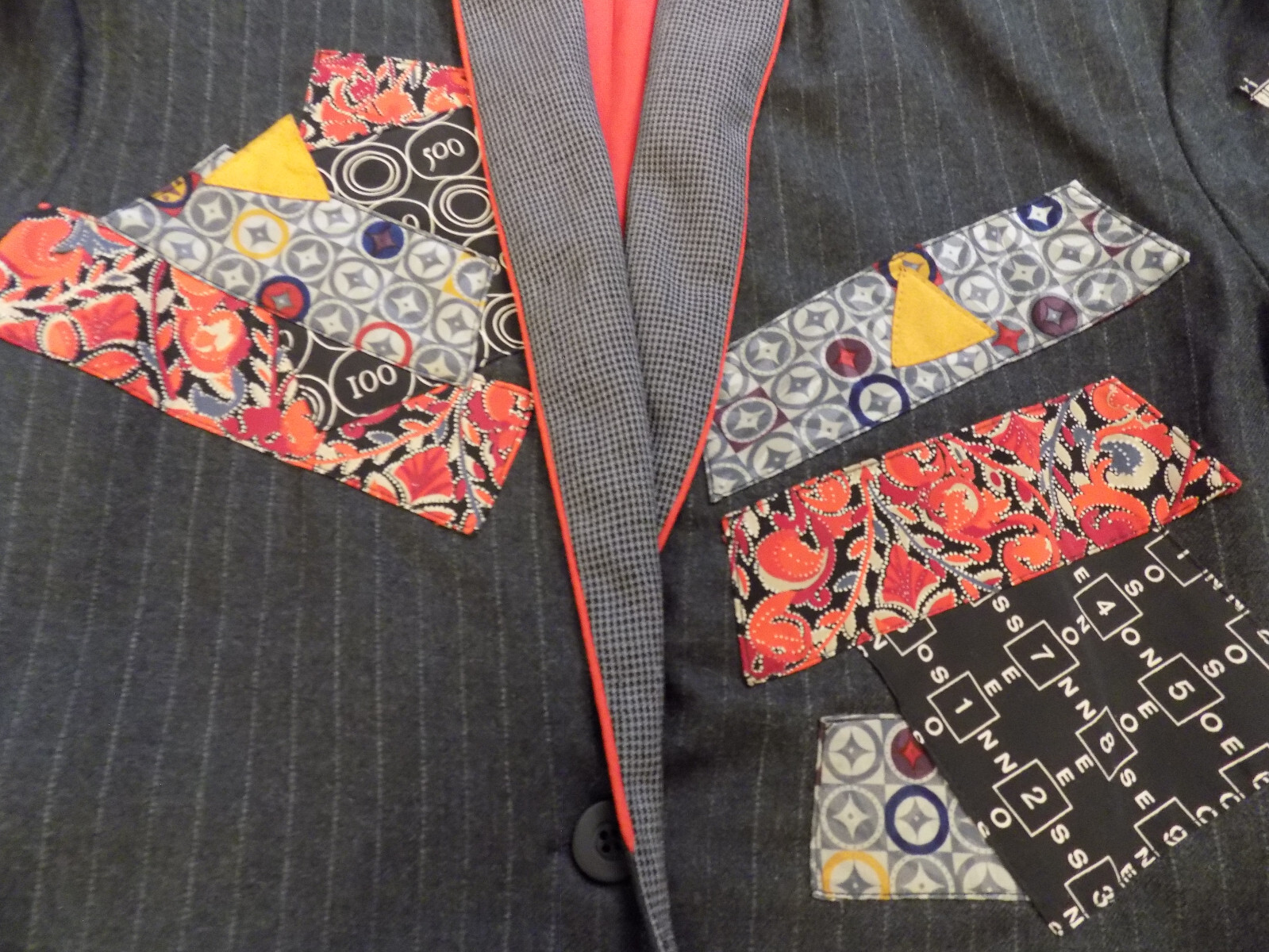 Vtg Canvasbacks Art to Wear Patchwork Blazer Pinstripe Gray Belt Suit Jacket XS