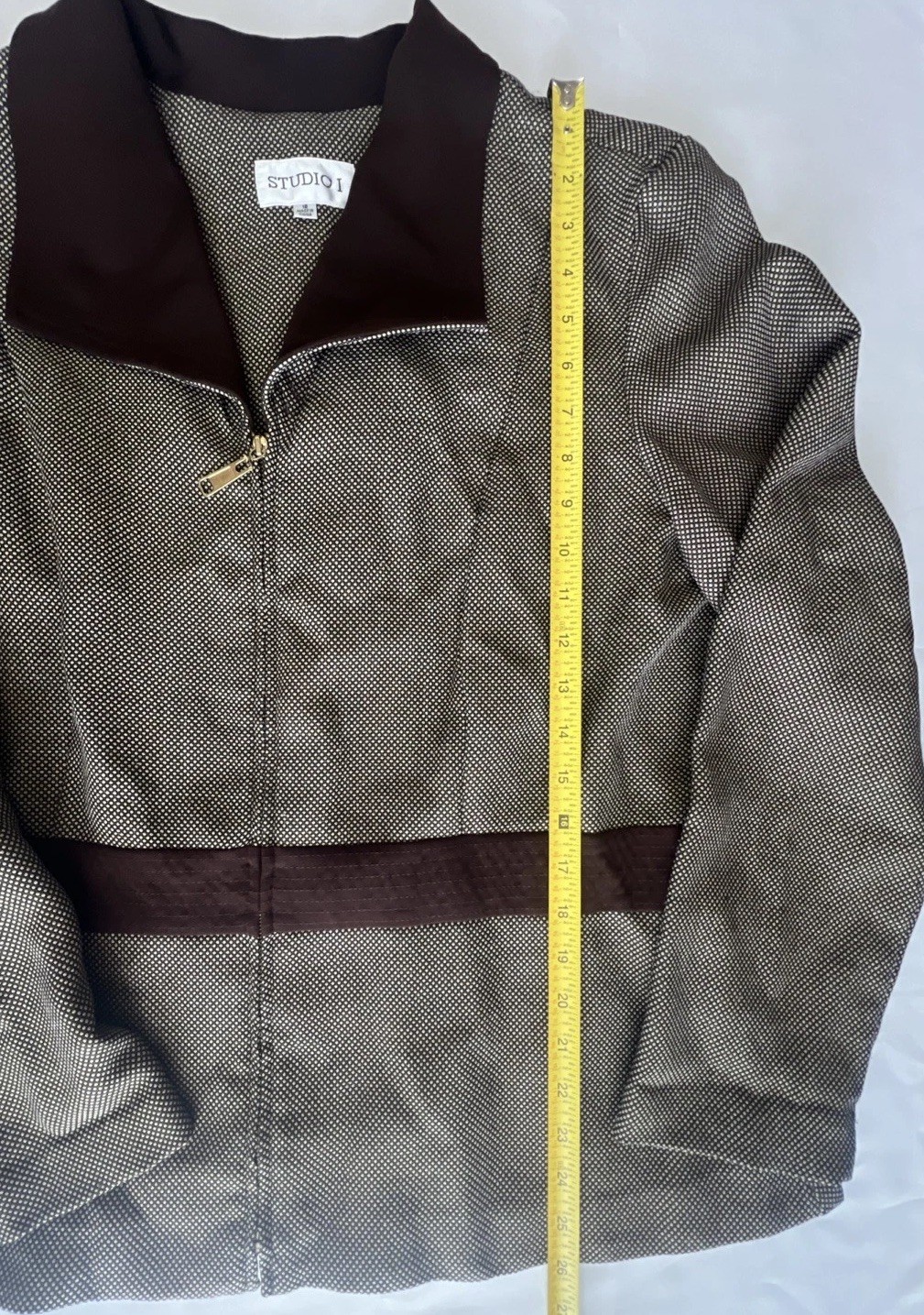 Vtg Studio I Brown Jacket Women’s Plus Sz 18 Zip Front Collared Textured Blazer