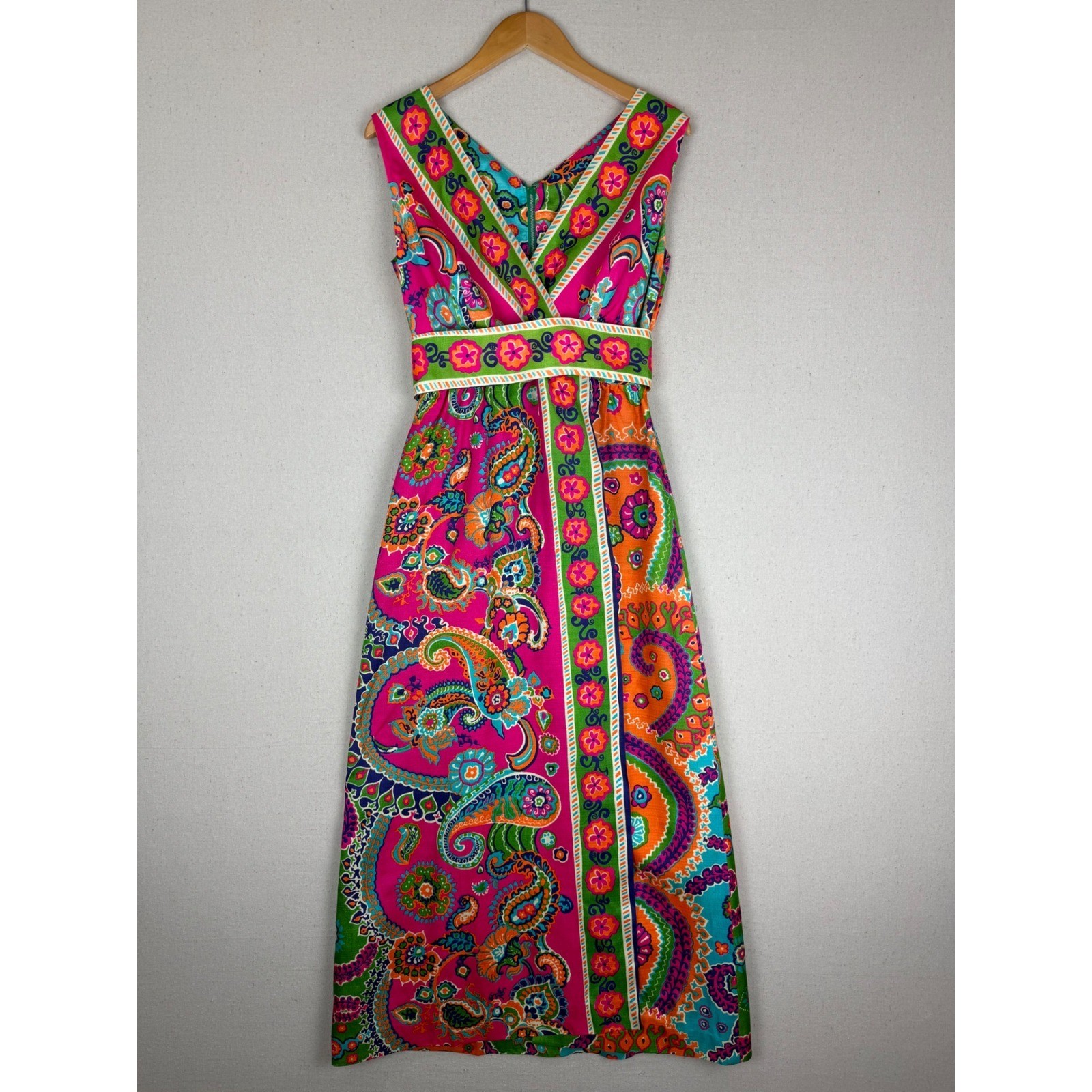 VTG Psychedelic Paisley Floral Maxi Dress Pink Orange Green Garden Party Boho