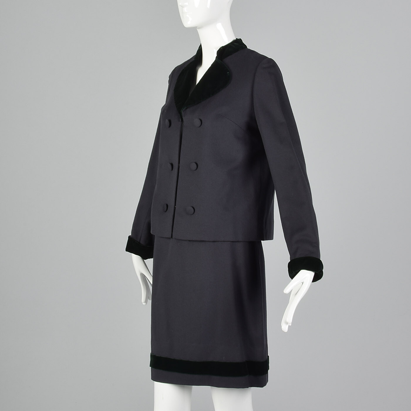 S 1960s Gray Wool Skirt Suit Green Velvet Trim German Austrian Traditional Style