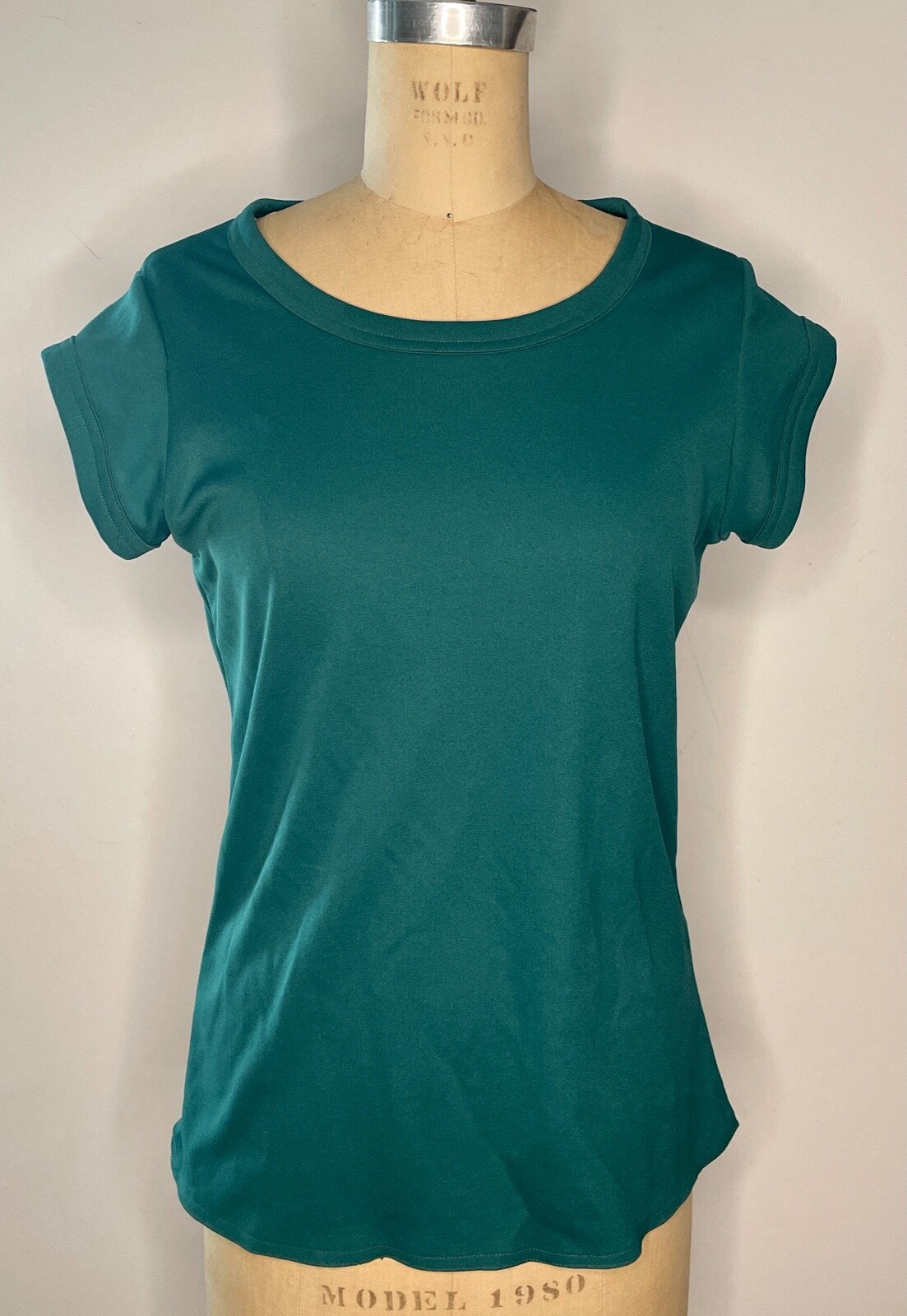 VTG 70’S DISCO BOHO GREEN POLY KNIT SCOOP NECK SHORT SLEEVE TOP SHIRT*XS/S