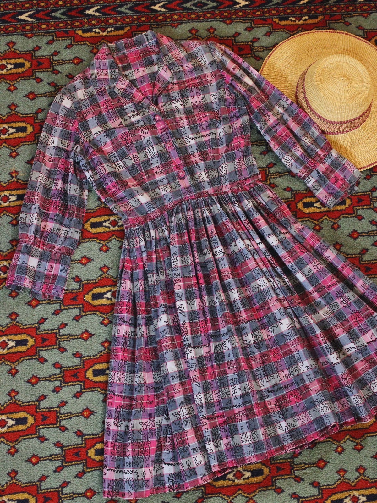 VTG 1950s Shirt Dress Madras Plaid Cotton Indian Tapestry Block printed Collared