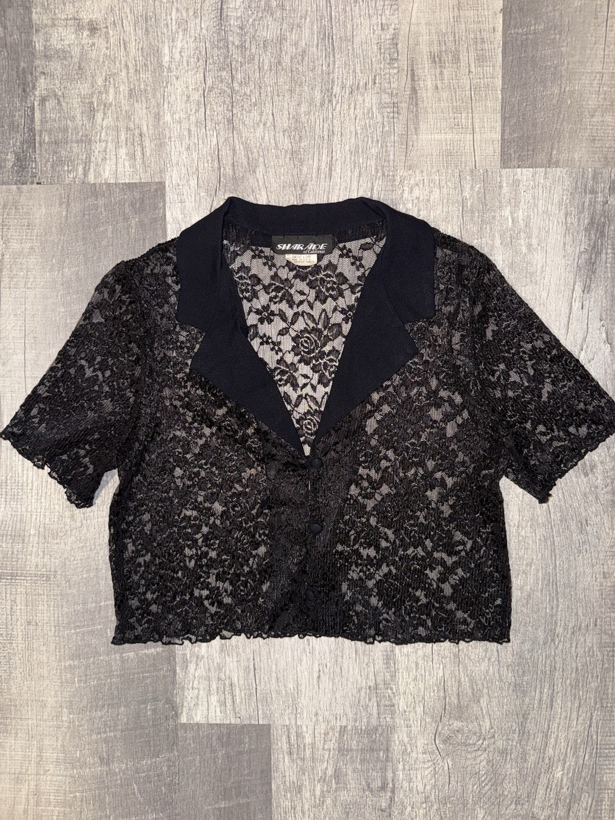 Shair-Aide of California Black Lace Sheer Button Front Shirt 12 Polyester Rayon