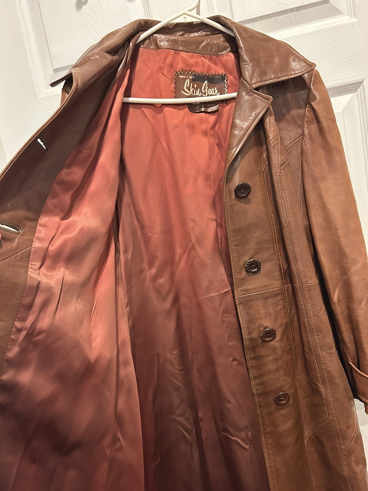 Skin Gear Belted Leather Trench Coat Jacket Womens M Vintage 70s Brown Lambskin