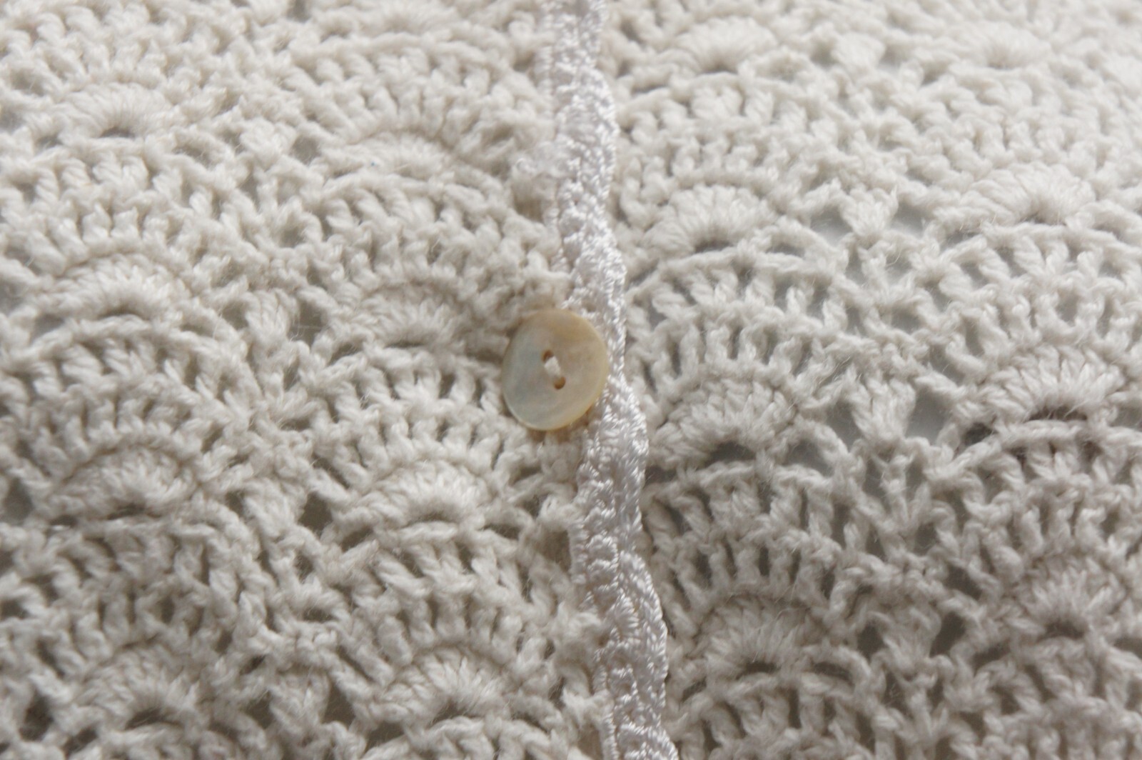 Vintage Jantzen Crochet Cardigan Sweater Open Knit Lace Mother of Pearl Buttons