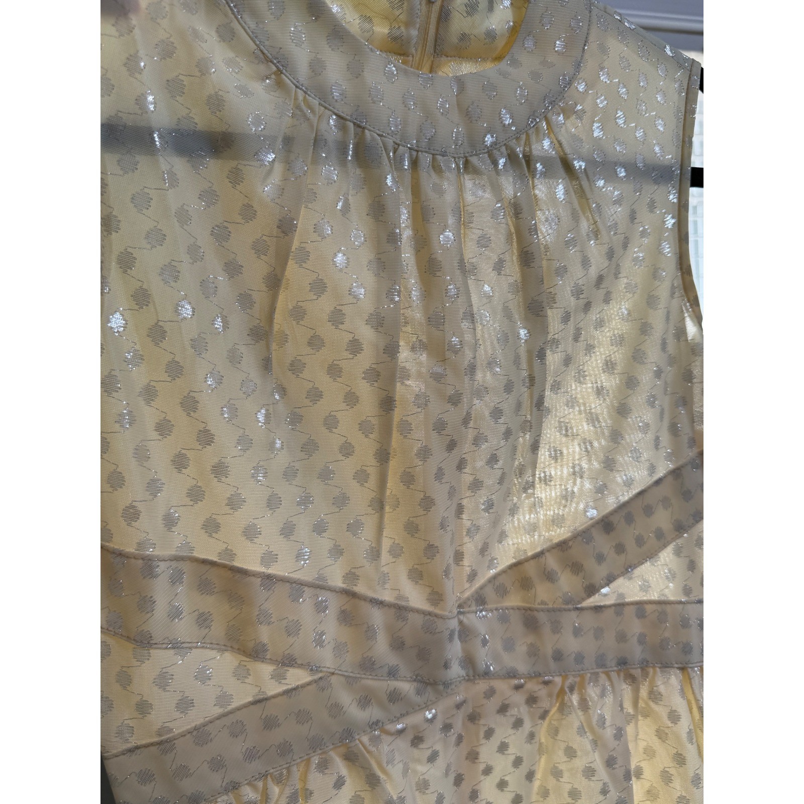 Vtg Yellow Silver Metallic Filigree Mock Neck Maxi Dress Gown MCM regencycore