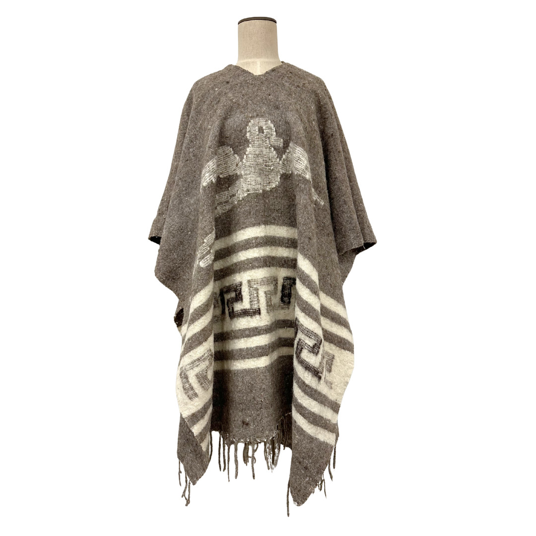 Vintage Southwest Gray Wool Hooded Poncho Serape w Fringe & Bird Detail