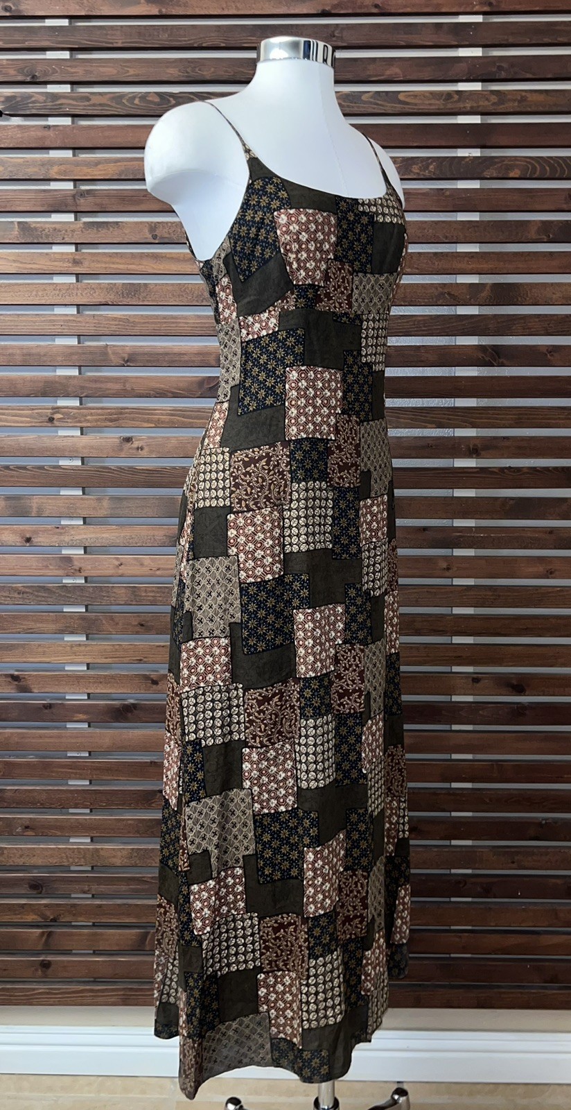 Vintage 1990s 90s Patchwork Print Brown Spaghetti Strap Grunge CTME Dress 3/4
