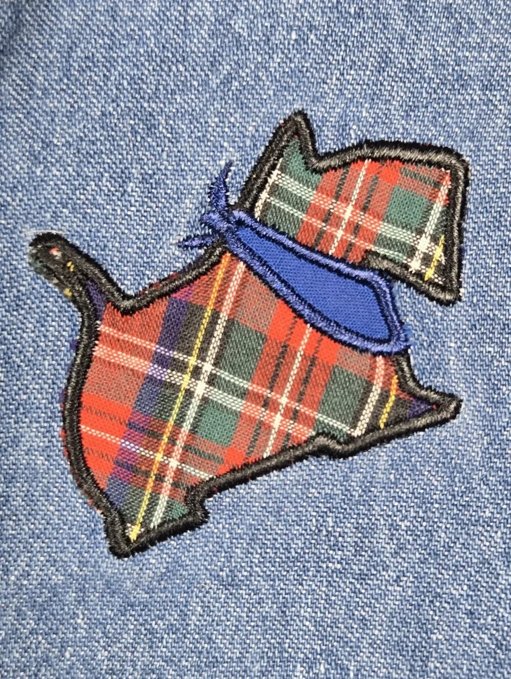 Vintage 90s Quizz Again Denim Shirt Scottie Dog Plaid Embroidered Grannycore S