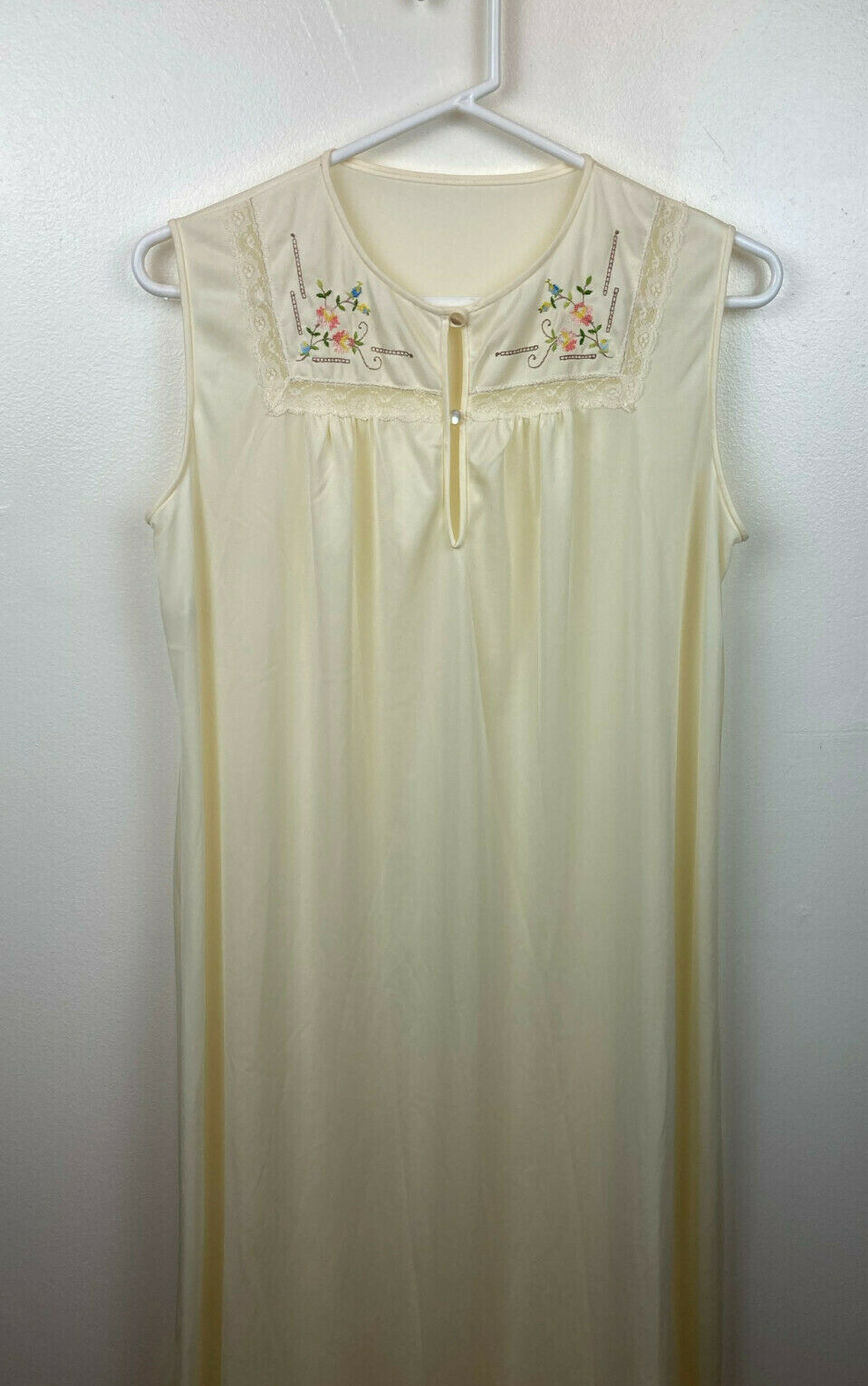 Vintage Womens Katz Slvls Long Night Gown Sheer Nylon Floral Embroidery Yellow M