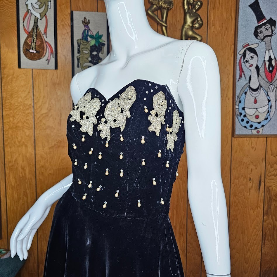 Vtg 40s New Look Pearl Drops Beaded Velvet Evening Formal Party Full Dress XS/S