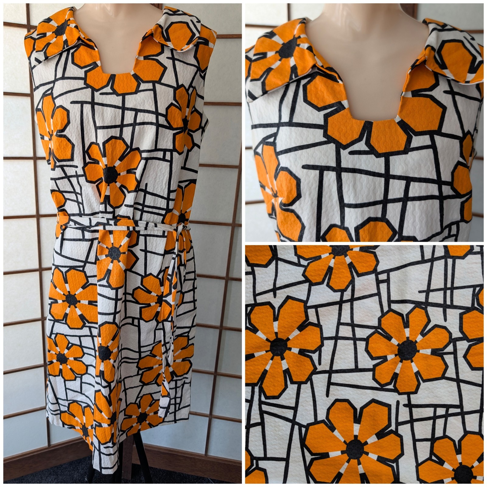 Vintage 60s 70s Shift Dress Oversized Flowers Daisies Mod GoGo Sleeveless Belted