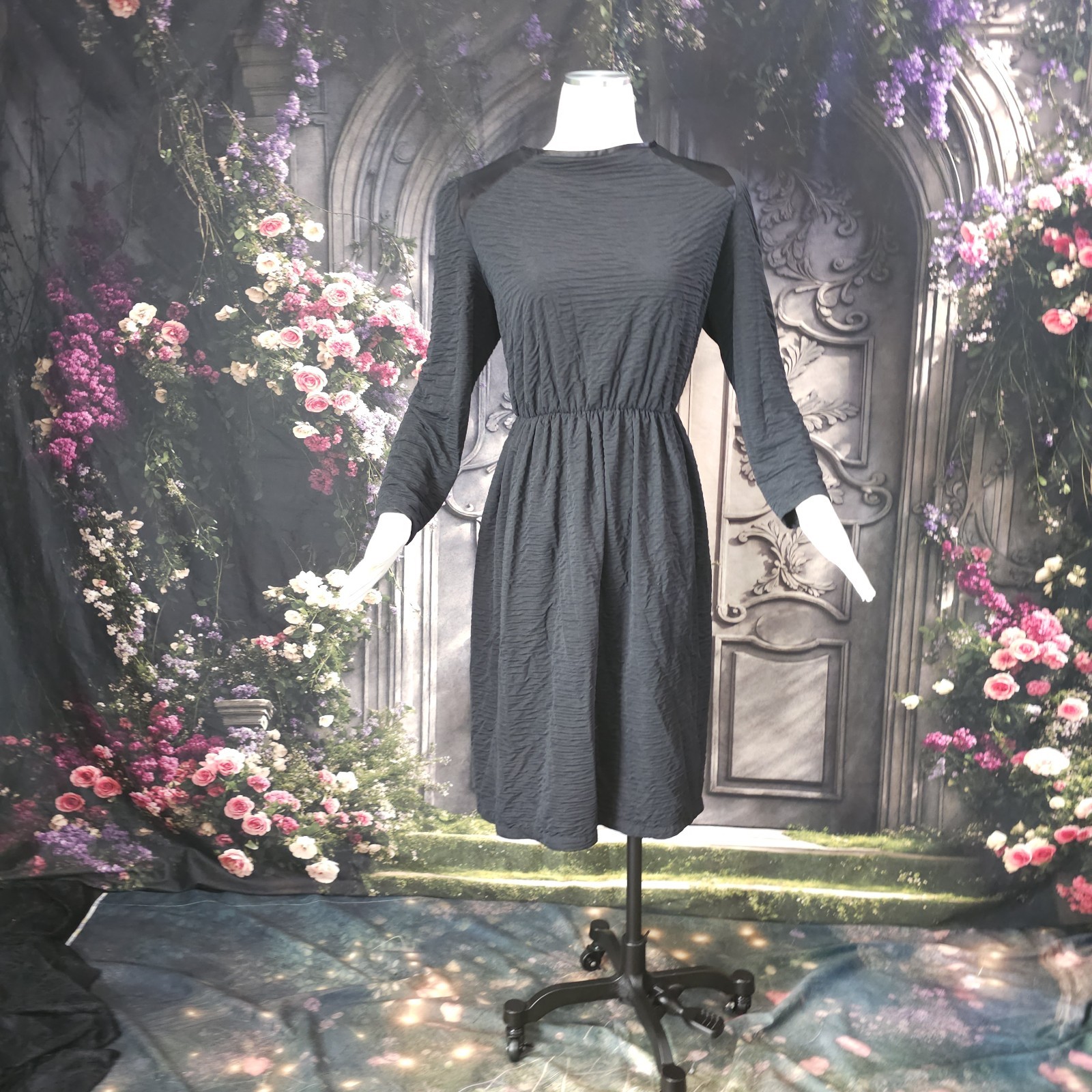 Vintage 1970s Black Dress Textured Fabric Satin Shoulders Long Sleeves