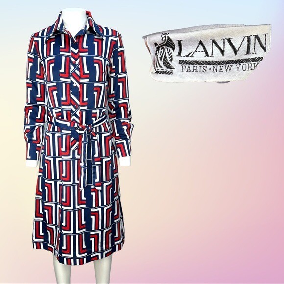 VINTAGE 70’s LANVIN Paris Red White & Blue Long sleeve Shirt Dress Sz 10 w/Belt