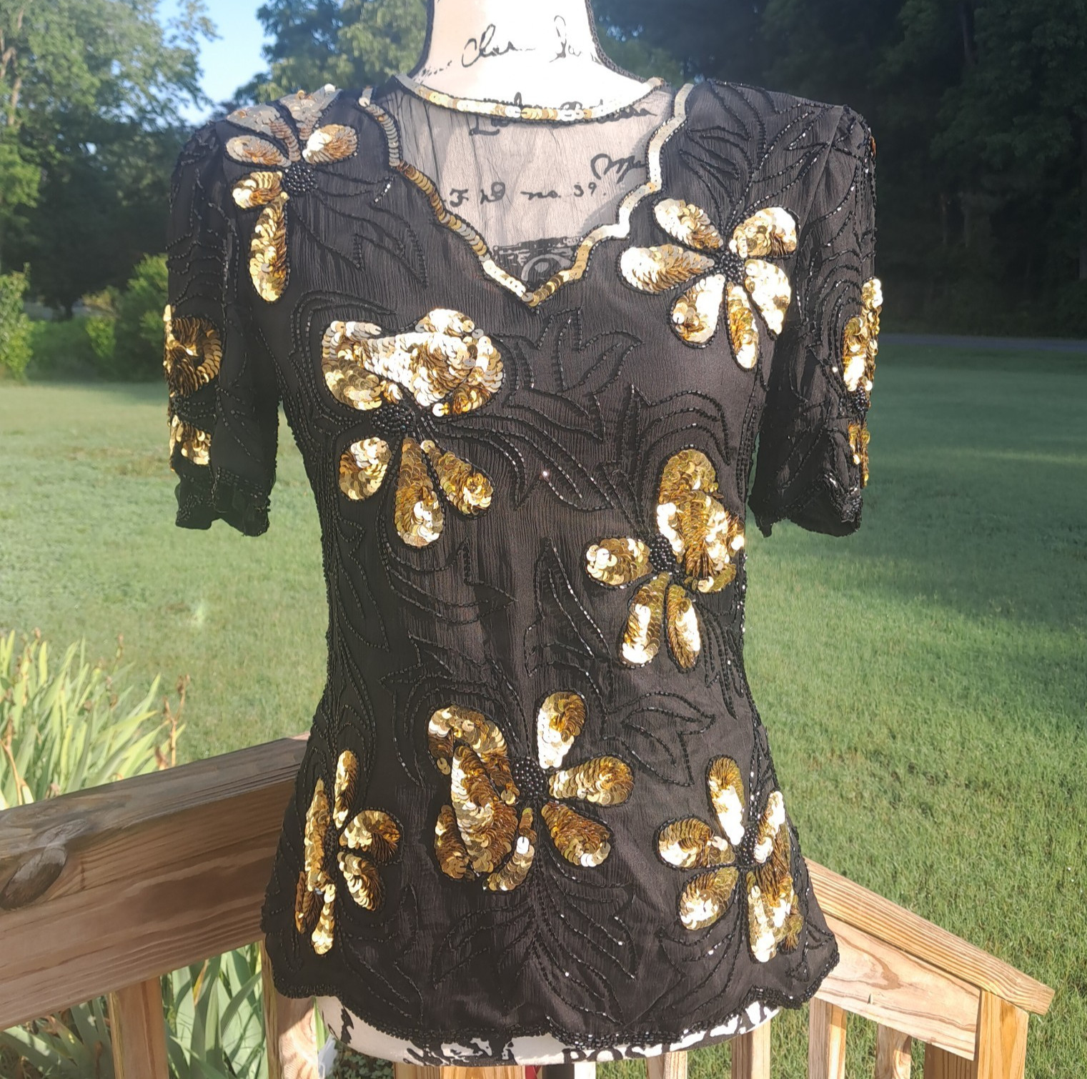 Vintage Stenay Silk Sequin Beaded Top Small Floral Black Gold Regency Goth Event
